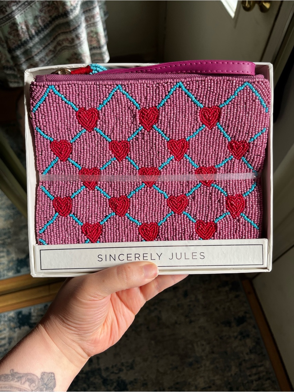 Sincerely Jules Pink Beaded Wristlet with Red Heart Accents and Blue Stitching